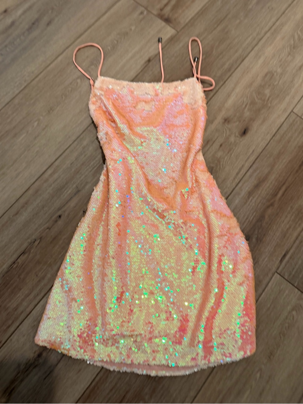 Peach Sequin Spaghetti Strap Dress